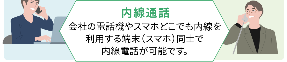 会社の電話機やスマホどこでも内線を利用する端末（スマホ）同士で内線電話が可能です。